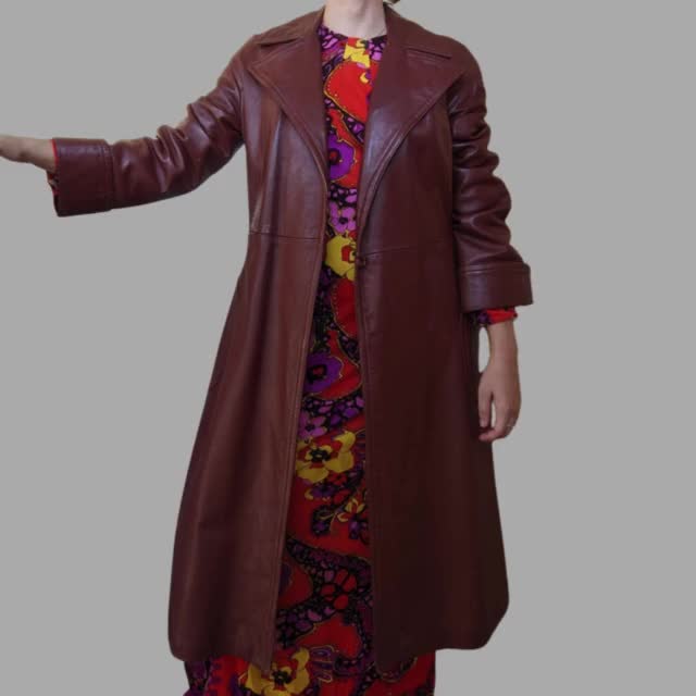 ハンドメイドのバーガンディレザートレンチコート：ヴィンテージダブル