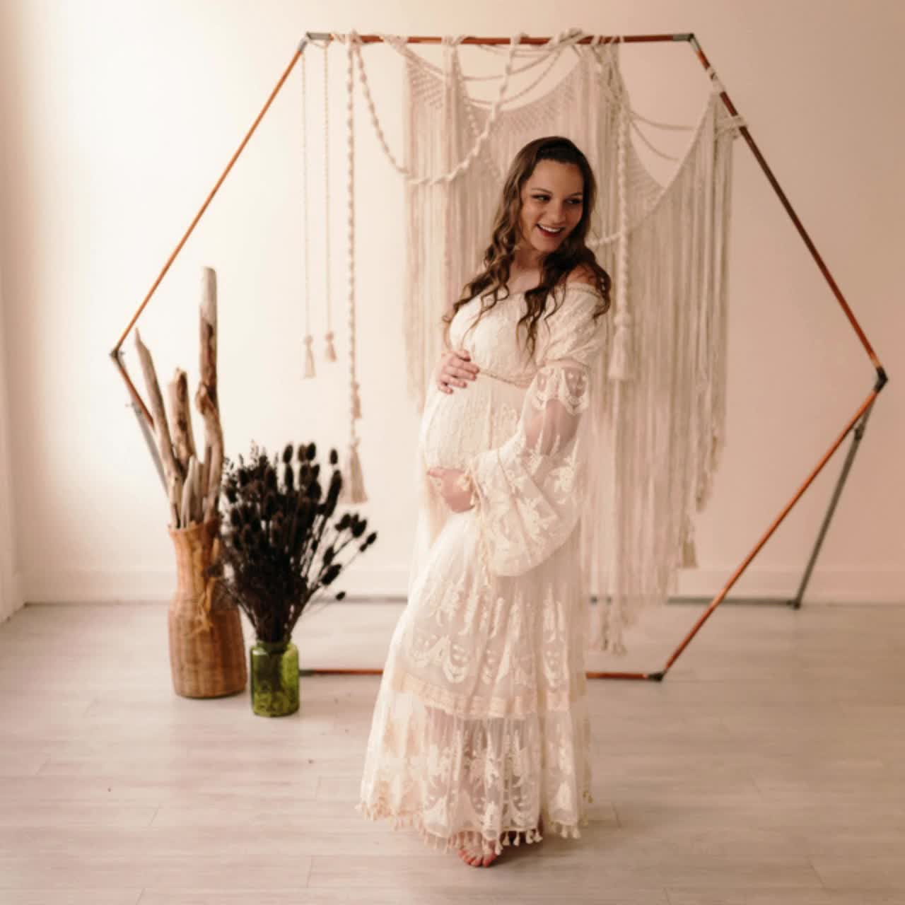 ivory lace off shoulder maternity photoshoot gown/dress reviews Boho Ivory Lace Maternity Gown: Off-the-Shoulder Long Sleeve Dress