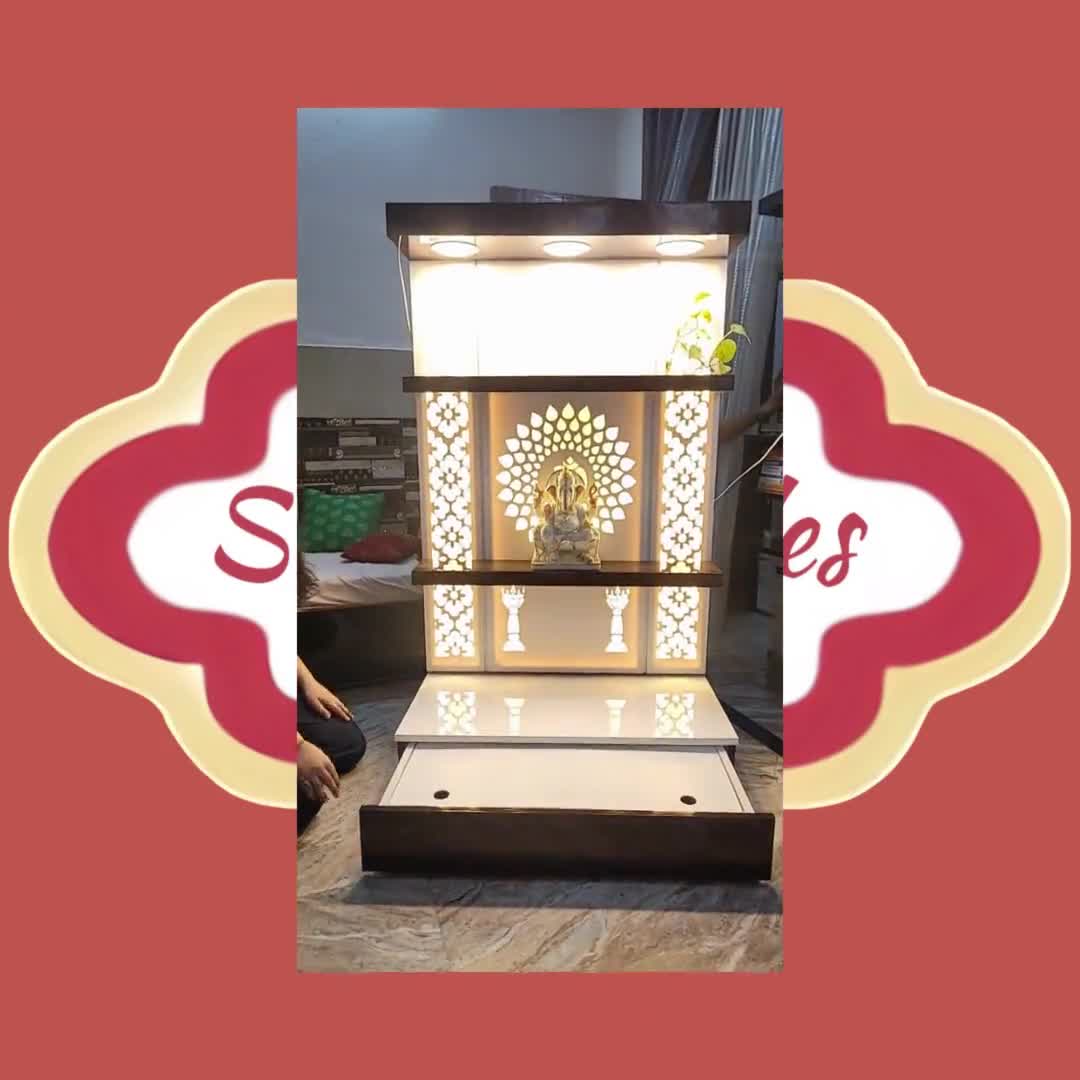 Houten Pooja Stand Mandir voor Home Temple voor Office Puja Mandir voor thuis muur met LED-spotlicht product (H- 15,5, L - 11,5, W-28 inch