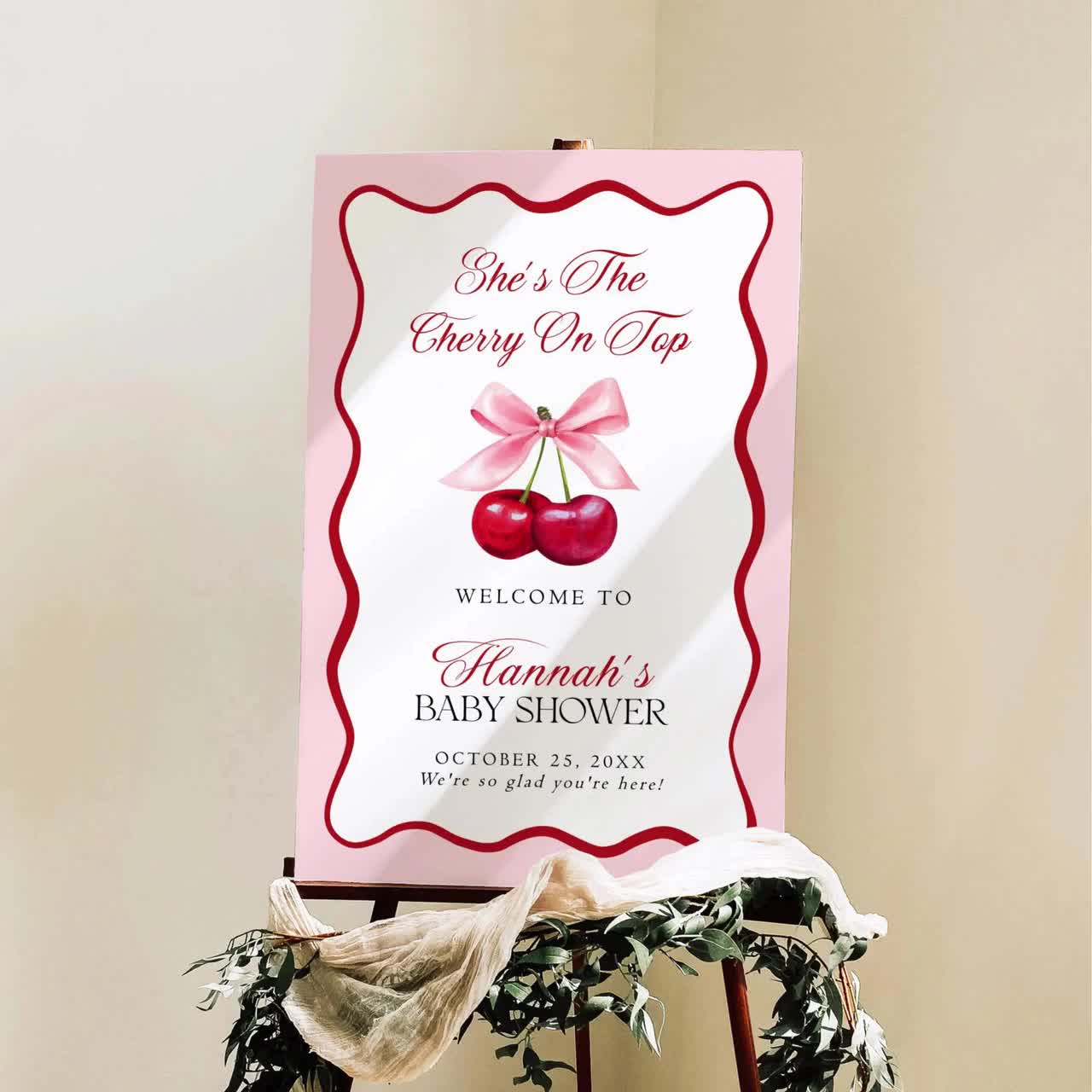 Avezano She's The Cherry On Top Baby Shower Banner - Pink Bow Cherry Theme Backdrop, 70.8 X 43.3 Inch, For Girls, Bridal Showers & Parties