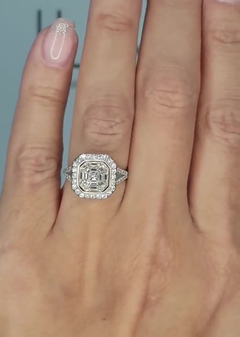 Anello di fidanzamento con castone in moissanite taglio Asscher da 2 ct, anello di promessa di matrimonio con taglio a gradini in oro giallo 14k, solitario, cattedrale, per donna - Italia Anello di fidanzamento con castone in moissanite taglio Asscher da 2 ct, anello di promessa di matrimonio con taglio a gradini in oro giallo 14k, solitario, cattedrale, per donna - Italia