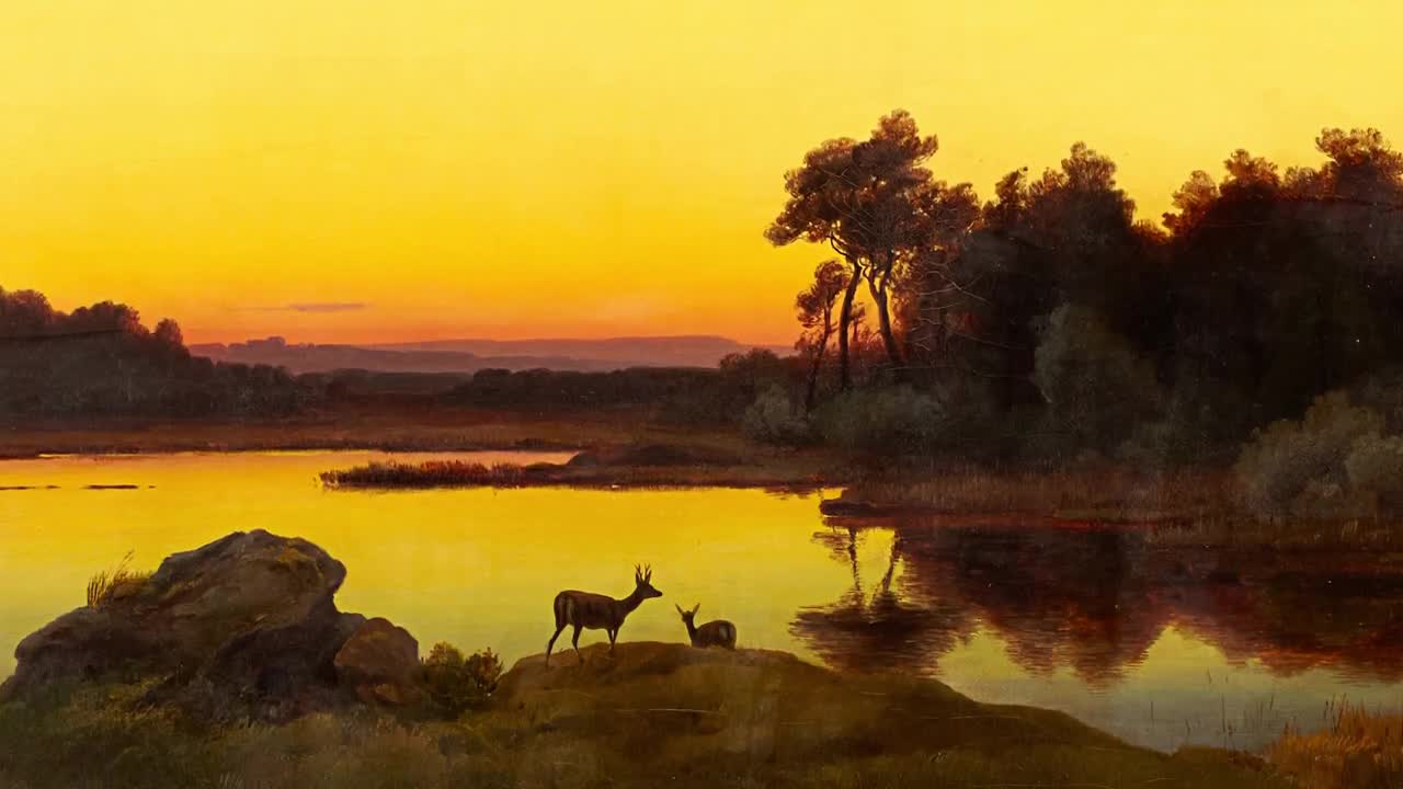 Vintage Deer Sunset Landscape Painting by Anton Zwengauer (digital