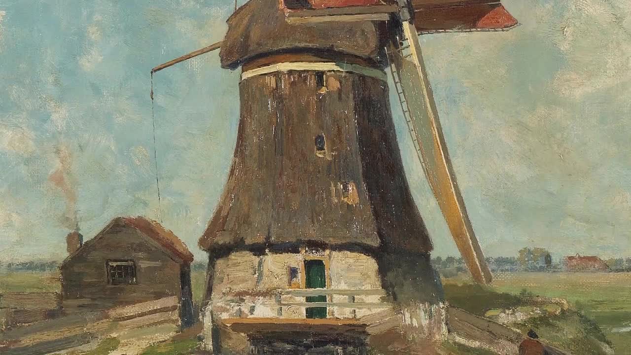 W. Schurmann 油彩画 風車と民家のオランダ風景、ボードに描かれた絵 W. Schurmann 油彩画 風車と民家のオランダ風景、ボードに描かれた絵