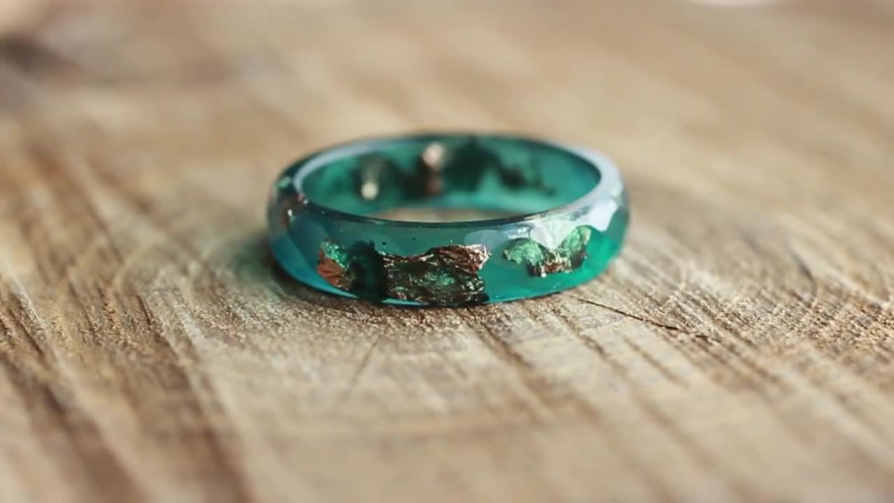 Resin Ring Dark Green With Copper Flakes, Stacking Band Ring, Handmade Resin  Jewelry, Gift for Men and Women 