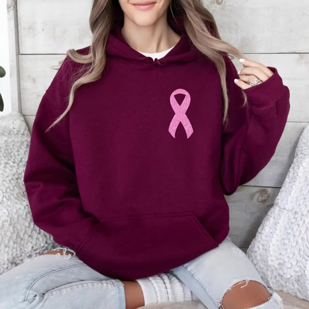 Pink Faux Glitter Ribbon Sweatshirt, Breast Cancer Sweatshirt, Cancer Survivor Sweater, Breast Cancer Awareness Hoodie, Women Gift video poster