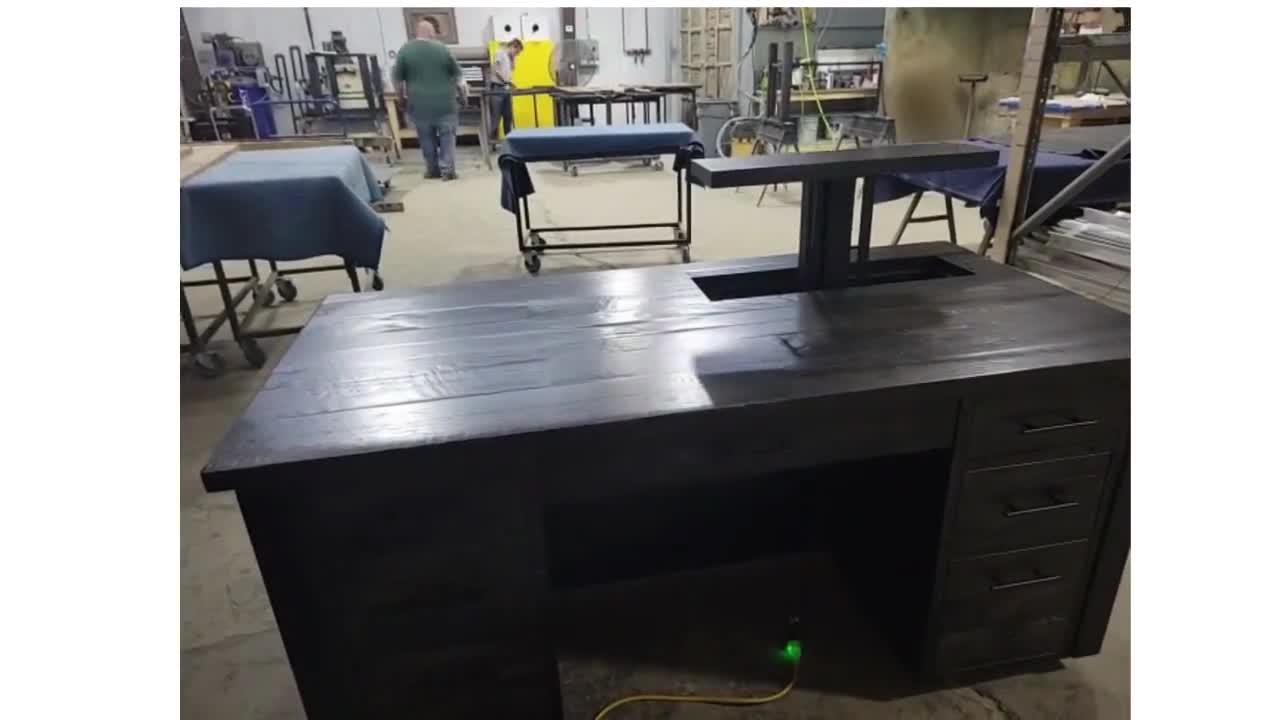 The Bozeman Industrial Ebony Barnwood Executive Desk With Built-in  Electric Monitor Lift