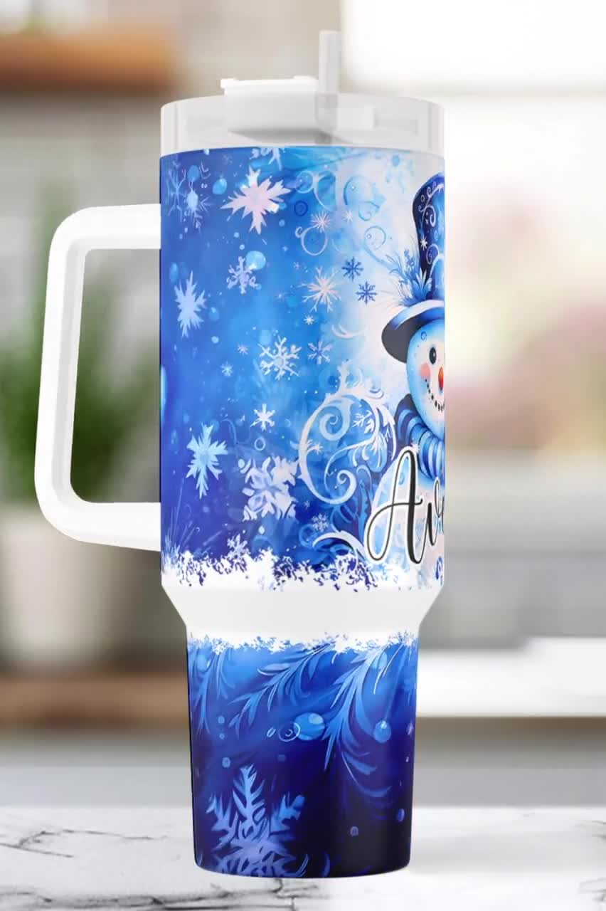 アンソロポロジー スノーマングラス 2個セット 雪だるま クリスマス タンブラー 青い雪だるま柄の取っ手付き40オンスタンブラー｜ストロー付き雪だるま