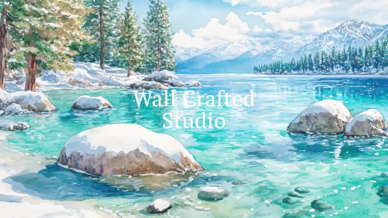 湖 絵画 （B） タホ湖の絵画、ターコイズブルーの澄んだ水の反射を描いた壁画