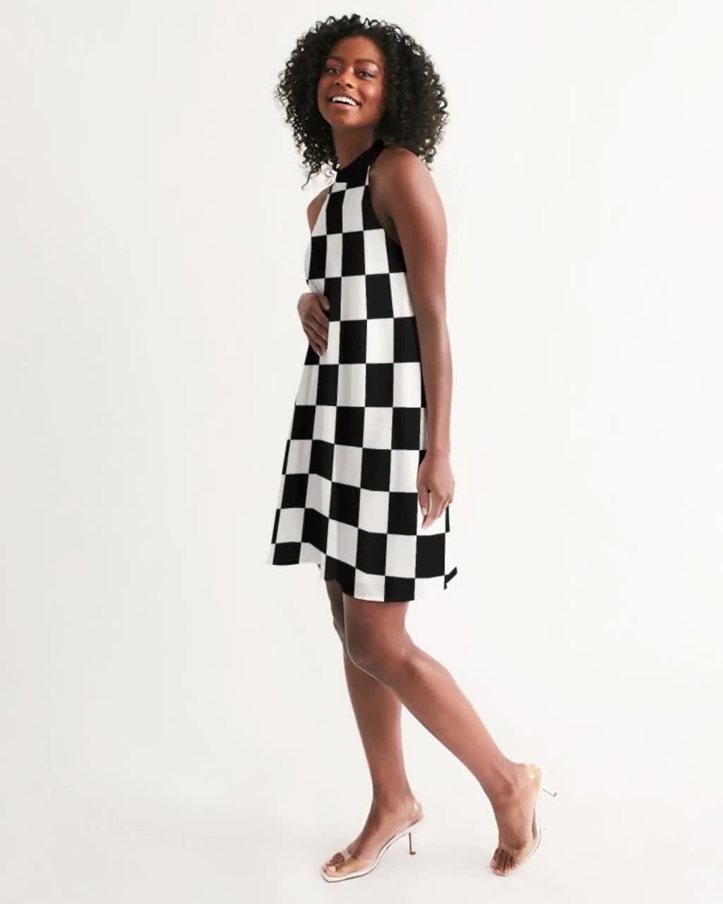 Check Monochrome Dress, Black White Checkerboard Halter Neck Dress