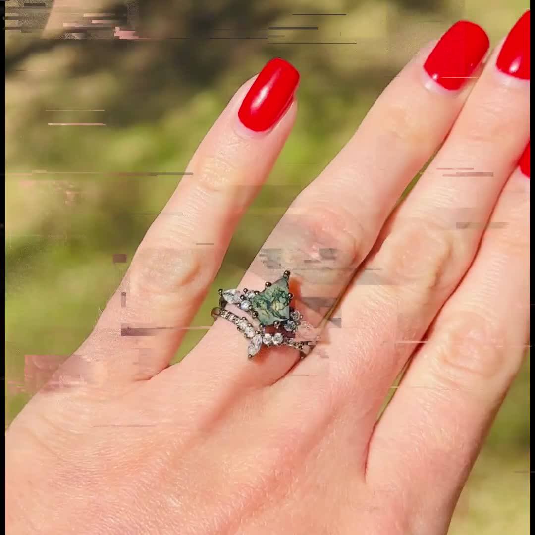 Green Moss Agate Ring Set, His and Hers Wedding Band, Black