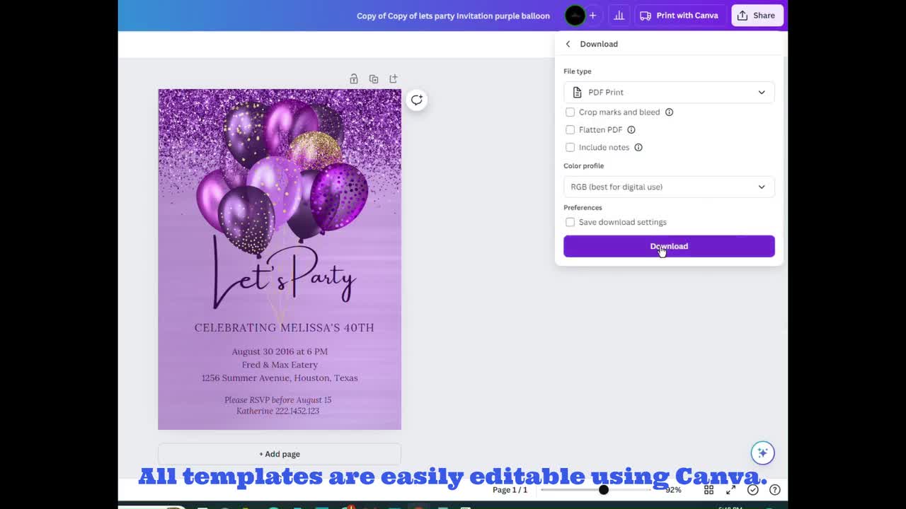 Invitación editable para 40 cumpleaños, invitación negra y dorada, globo  dorado, cumpleaños importante, brillo, imprimible o digital, image size:1280x720
