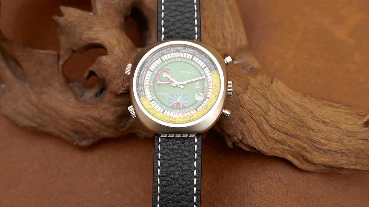 Sorna T23766-64 1970's Men's Watch Green Dial World Time 21 Jewel