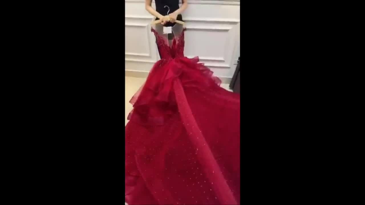 Bright red princess wedding dress with unique neck design, made to measure  luxury red bridal ball gown
