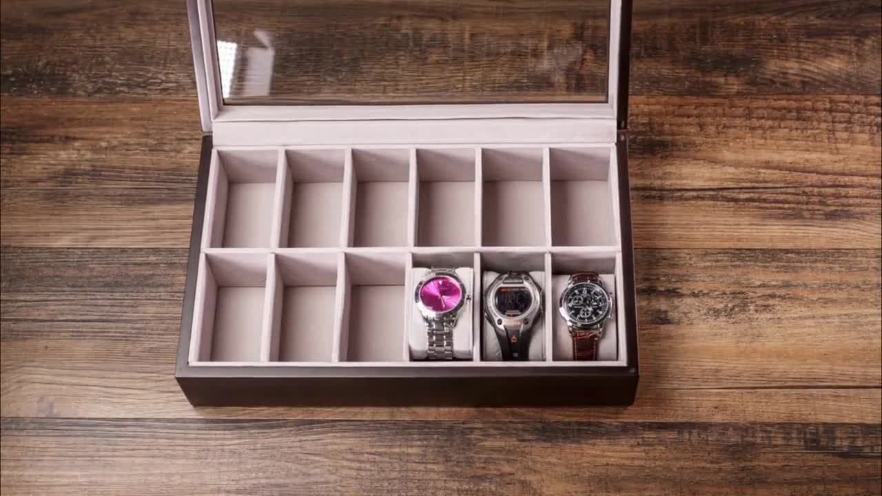Buy Solid Espresso Wood Watch Box Organizer With Glass Display Top