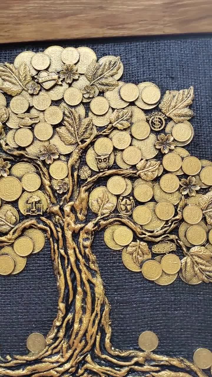 Decorative painting Golden Money Tree of wishes (30x30 cm) in a frame,  picture Money Tree, housewarming gift, real coins,it brings good luck