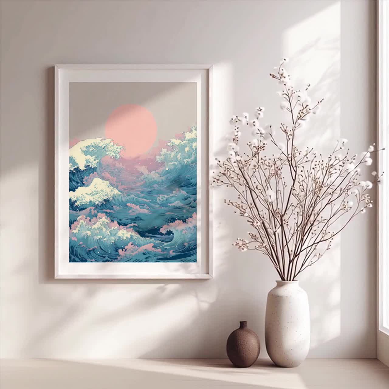 Japandi Wave Art Print: Pink Sun, Coastal Decor (digital Download