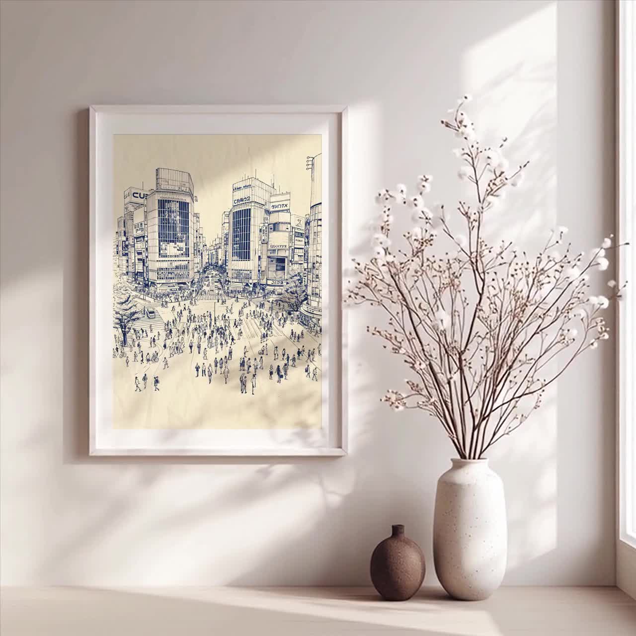 Tokyo Shibuya Crossing Poster – Ink Sketch Line Art Japan, Urban