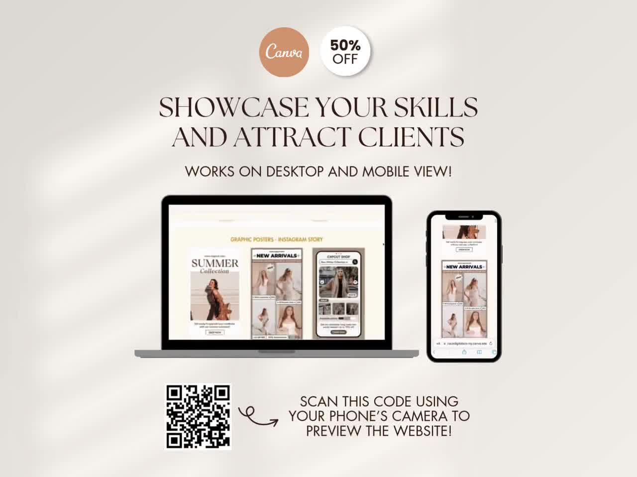 Plantilla de sitio web de Canva para portafolio de asistente virtual bohemio, presentación de Canva, sitio web de portafolio editable, página de destino de asistente virtual lista para usar video poster