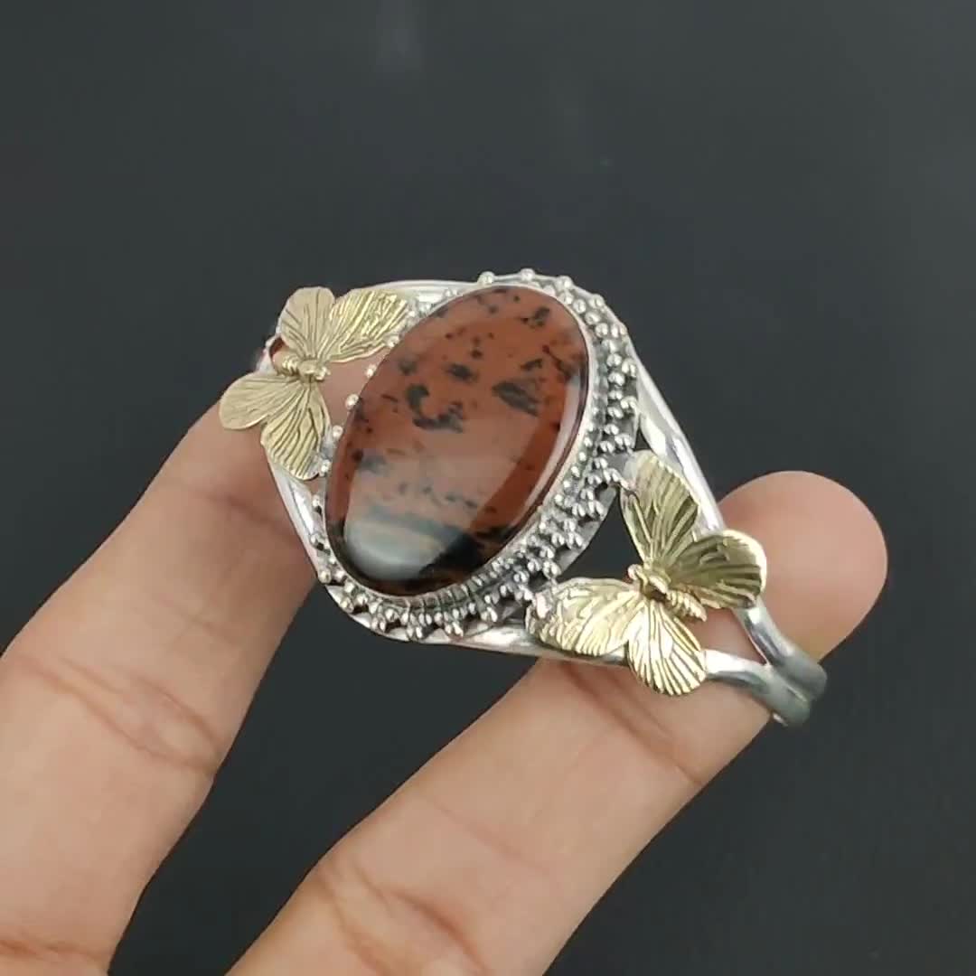 ハンドメイドのマホガニーオブシディアンカフ：925スターリング