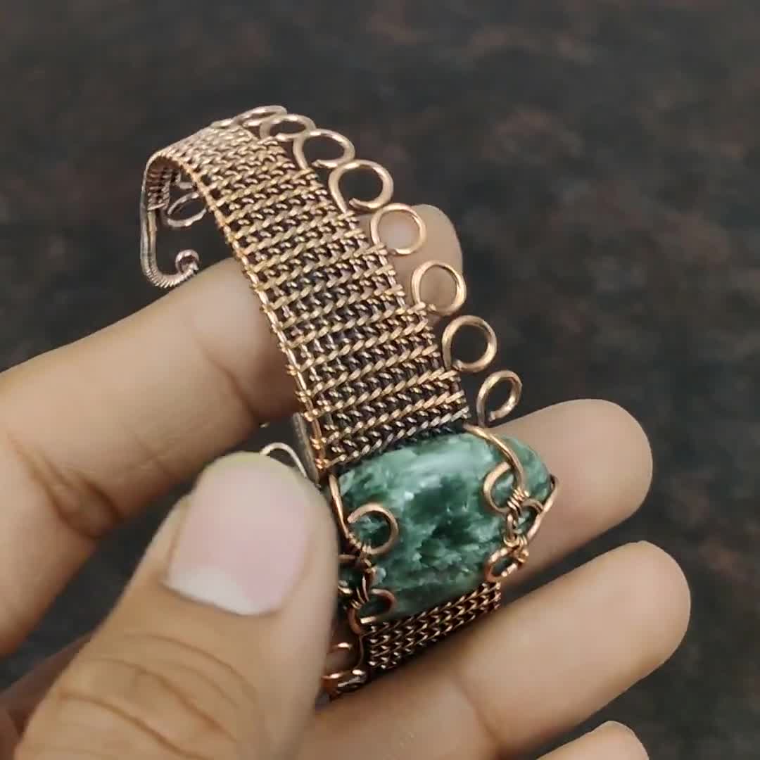 Seraphinite Gemstone Copper Handmade Wire Jewelry Adjustable Bracelet Cuff
