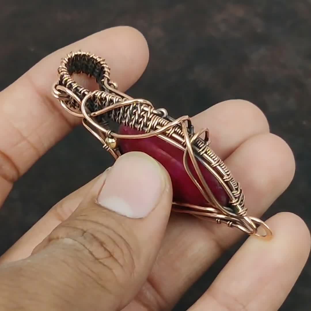 Faceted Kashmir Ruby Pendant Copper Wire Wrapped Pendant Handmade