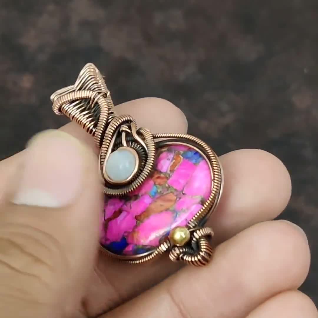 Natural Kingman Pink Dahlia Turquoise Pendant Copper Wire Wrapped