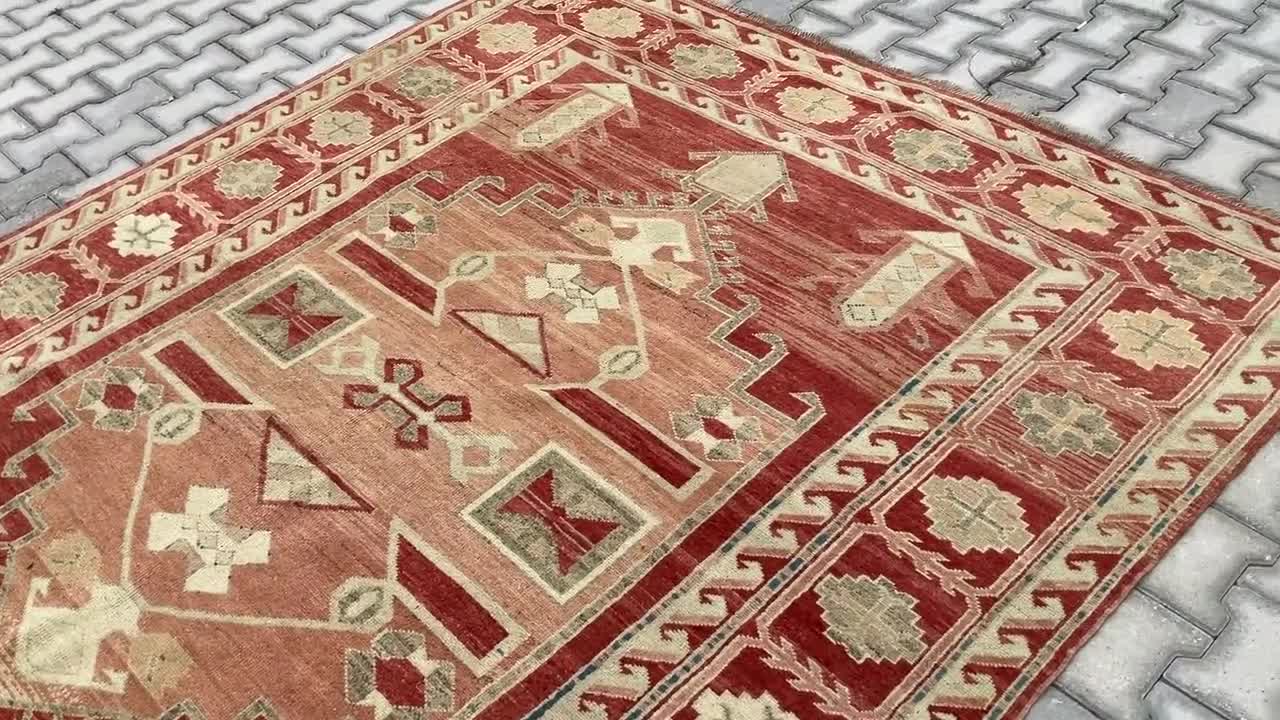 手作りウールトルコ絨毯：7x9 レッドベージュオリエンタルデザイン