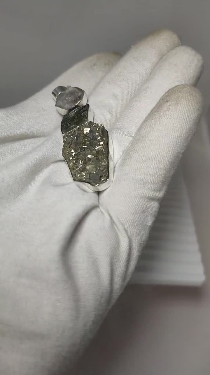 Moldavite Pendant, Pyrite Pendant, 925 Sterling Silver