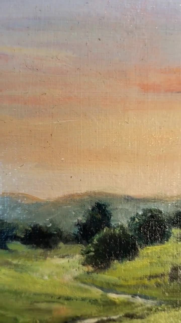 田舎道の絵画、草原の風景画、日の出の油絵、ピンクの空のアート、田舎