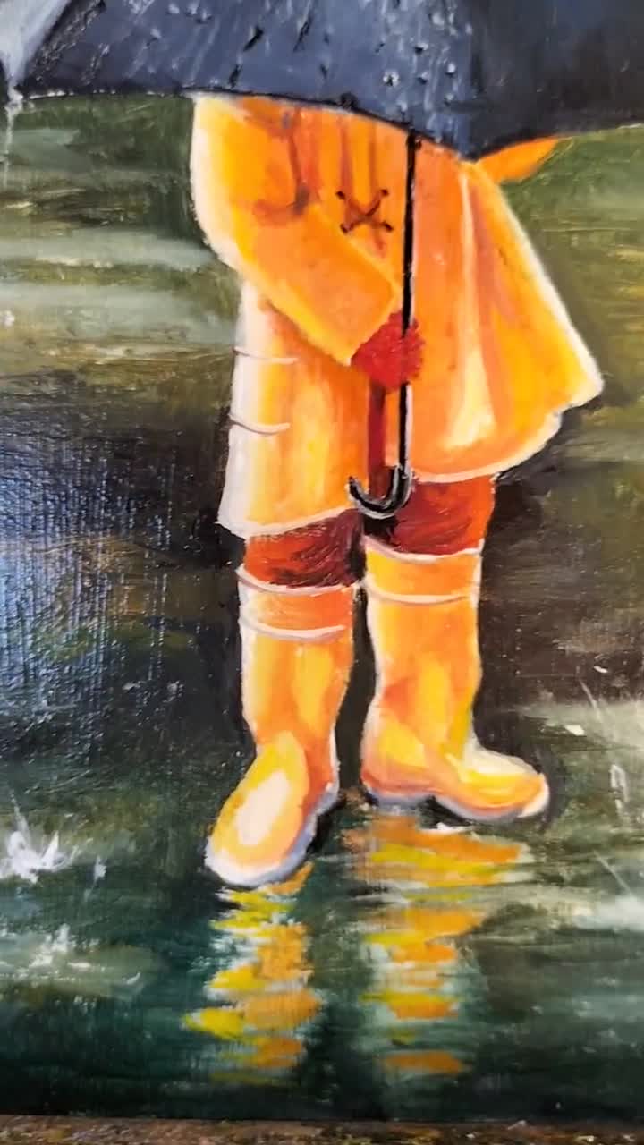 傘を持った男の子のオリジナル絵画、雨の日のアート作品、小さな男の子