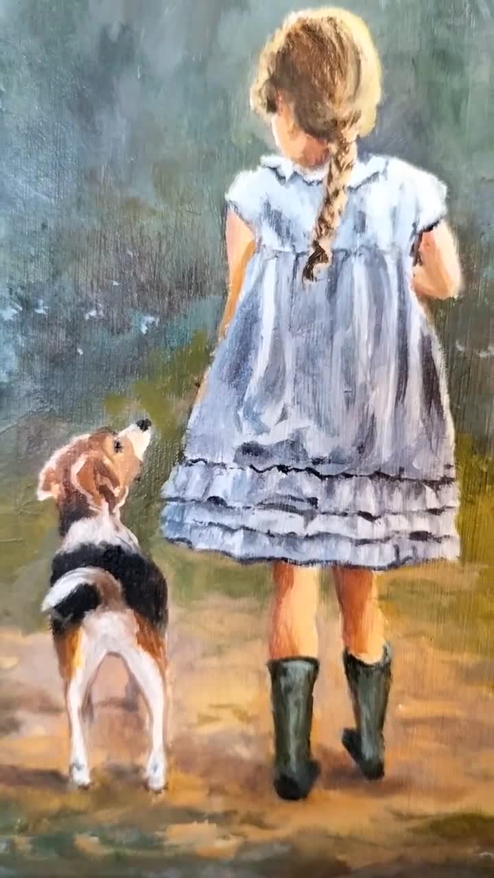 Little girl painting ORIGINAL, Beagle dog vintage art, Animal wall art, Pet  portrait oil painting, Bedroom childs decor, Friend dog art