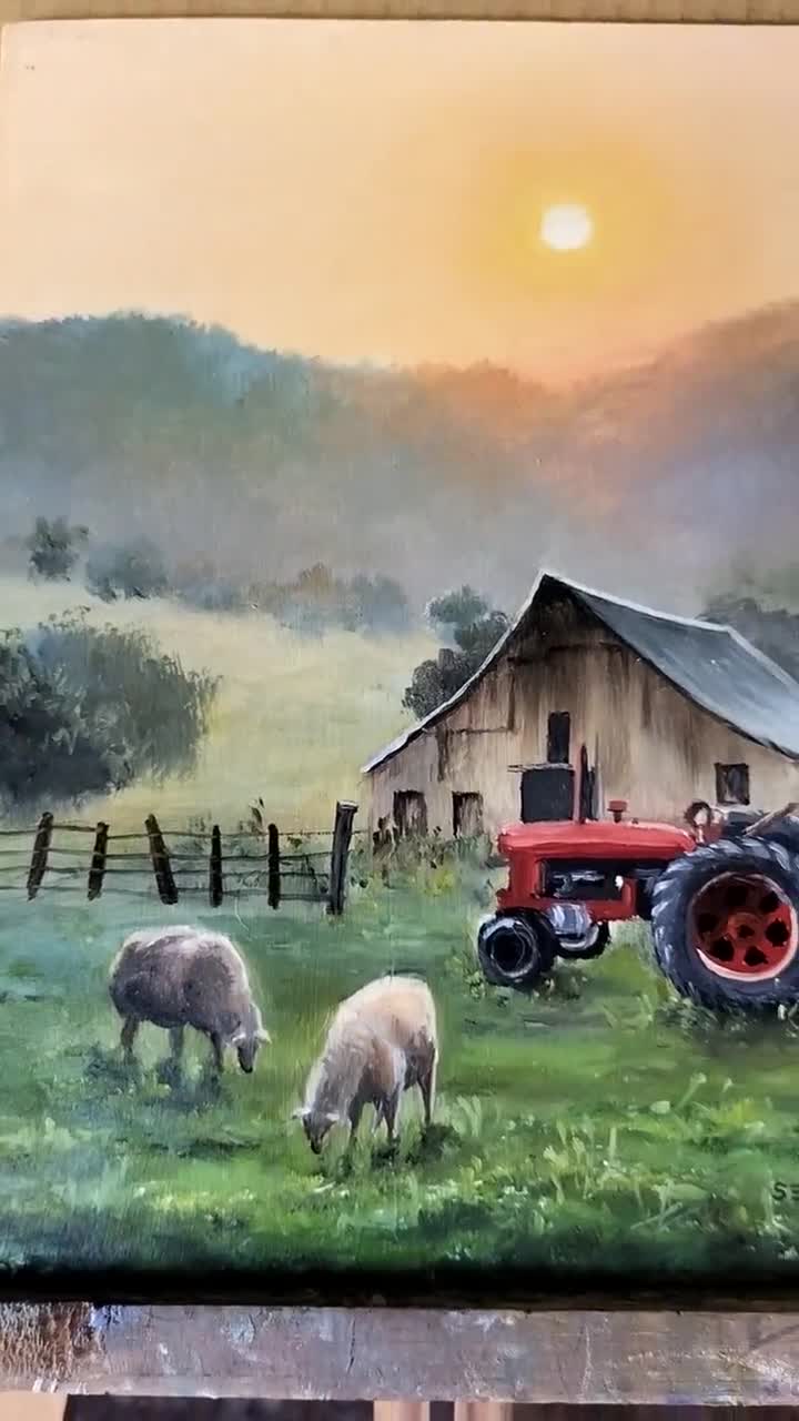 農家の絵画、田舎の家のオリジナル、納屋の風景画、田舎暮らしのアート