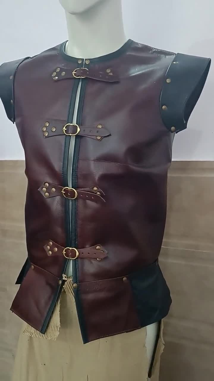 Italian Leather Jerkin in Red & Black Medieval Vest Large Jacket