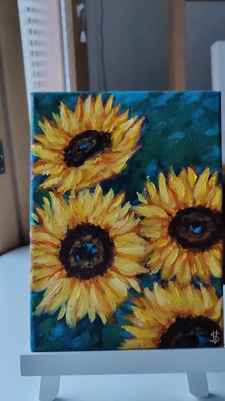 Acrylic Painting on 10x10cm Mini Canvas With Easel, Morning Dew Sunflower  Art Painting, Decoration Art, Gift for Friends/love Ones/yourself 