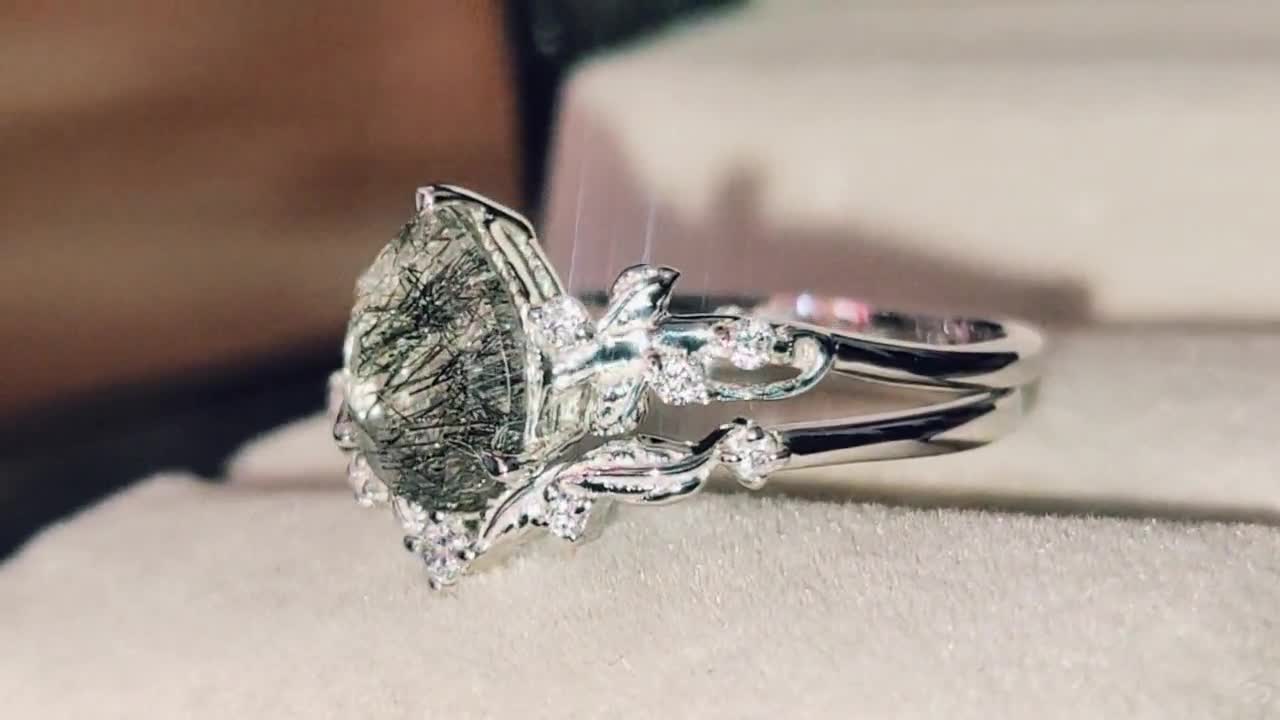 Pear Shaped Rutilated Quartz Engagement Ring Set Vine Leaf Design Black  Rutile Bridal Ring Set For Women Vintage Black Quartz Wedding Rings
