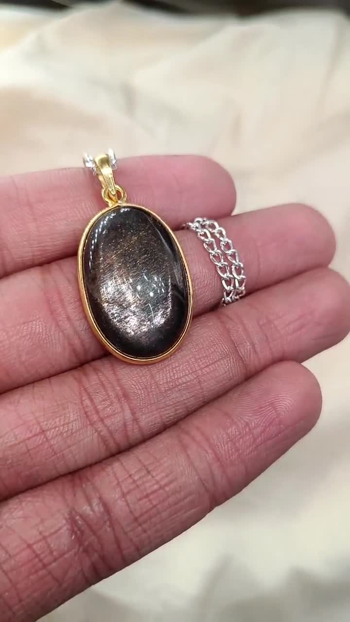 Natural Black Moonstone Pendant, 14K Solid Gold Moonstone Pendant