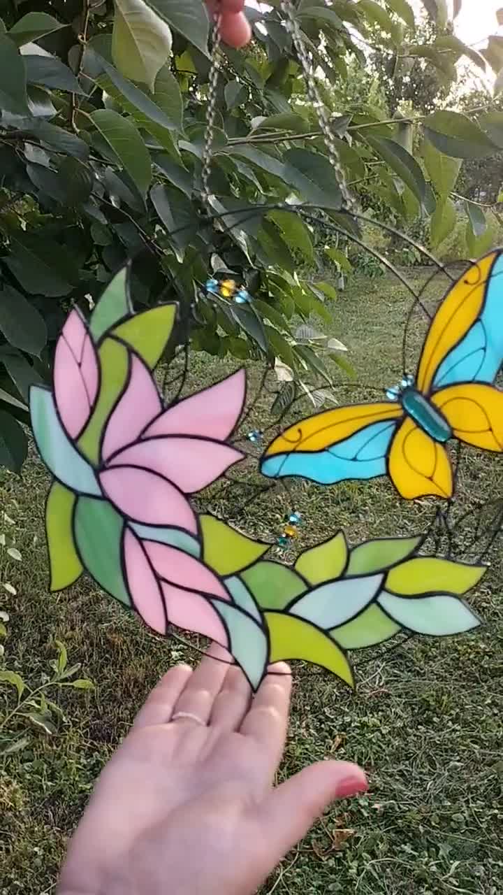 Butterfly With Flowers Window Hangings Stained Glass Art Suncatcher Window  Panel Handmade Home Decor Gift 