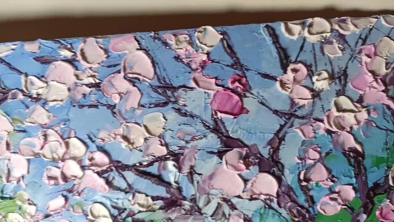 Cherry Blossom Impasto Oil Painting: Original Art Hidden Garden
