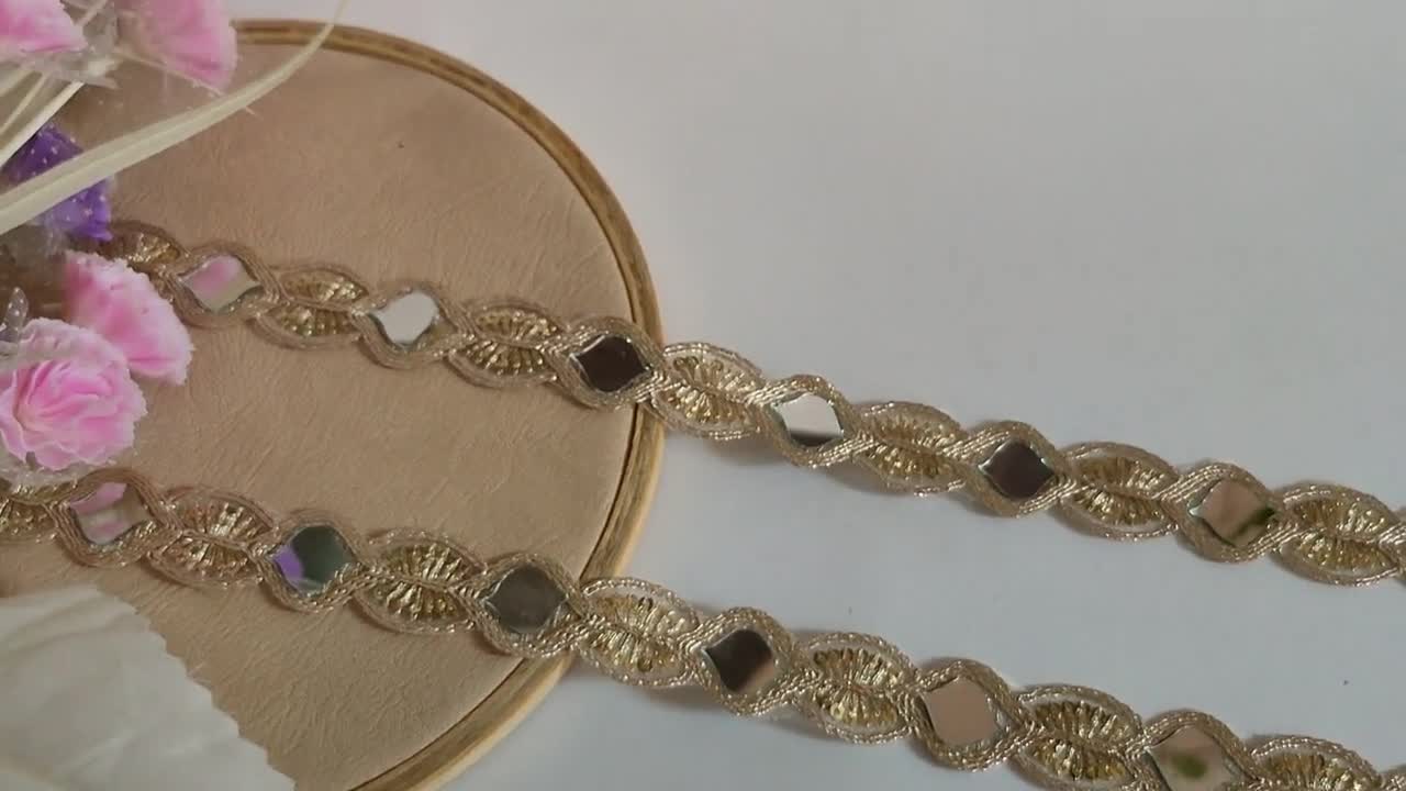 Narrow Light Golden Real Mirror Trim Lace, Indian Embroidered Sari Lehenga  Suits Lace, Wedding Sash Supply, DIY Sewing Craft 2cm 