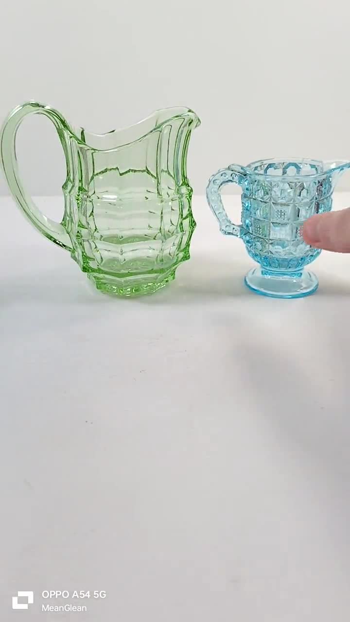 Art Deco Glass Pitcher Set of 2 Pair of Milk Jugs in Uranium Green