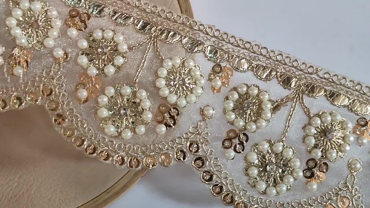 Creme Gold Pearl Crystal & Mirror Scallop Indian Embroidered Lace