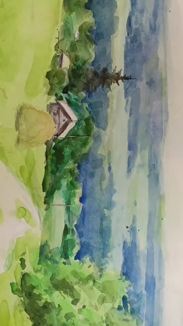 オリジナル水彩画。風景画。夏の道 - Etsy 日本