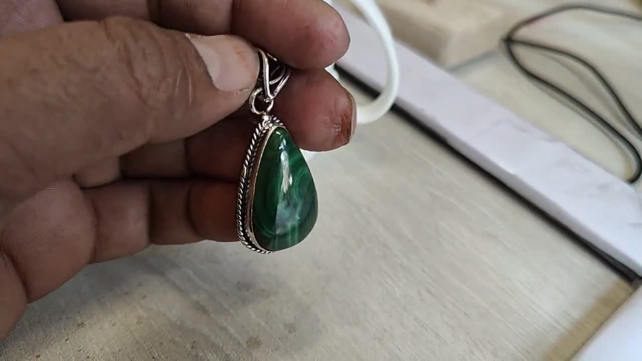 Pendentif Fermoir En Argent Sterling 925 - Jaspe Malachite Fait Main Unique - 1,75 Pouces
