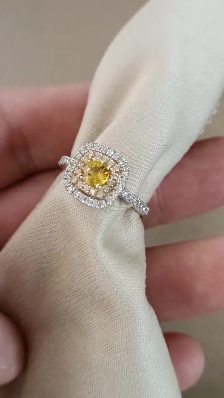 Fine Color Jewels Lab Grown Canary Yellow Sapphire Halo Ring - 18K Gold Plated Sterling Silver - View #9