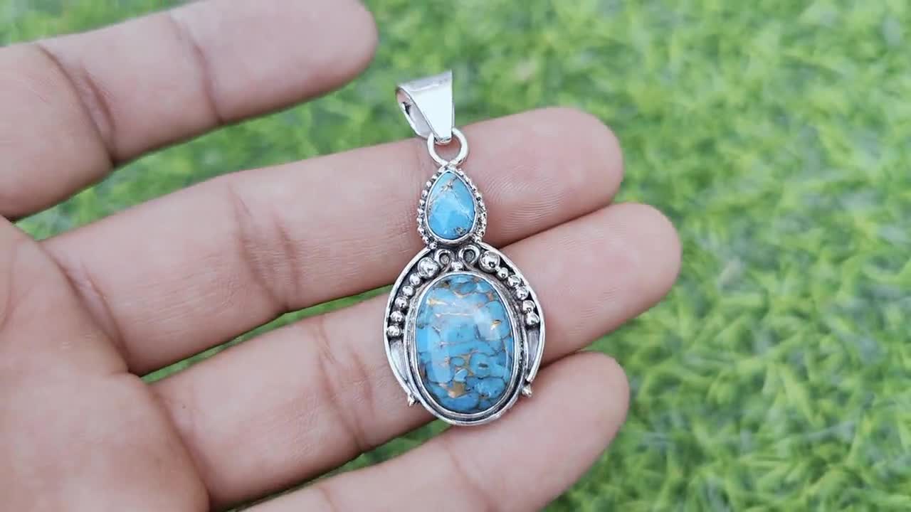 Collana con ciondolo in argento sterling 925 con pietra preziosa turchese taglio ovale, design vintage - Italia