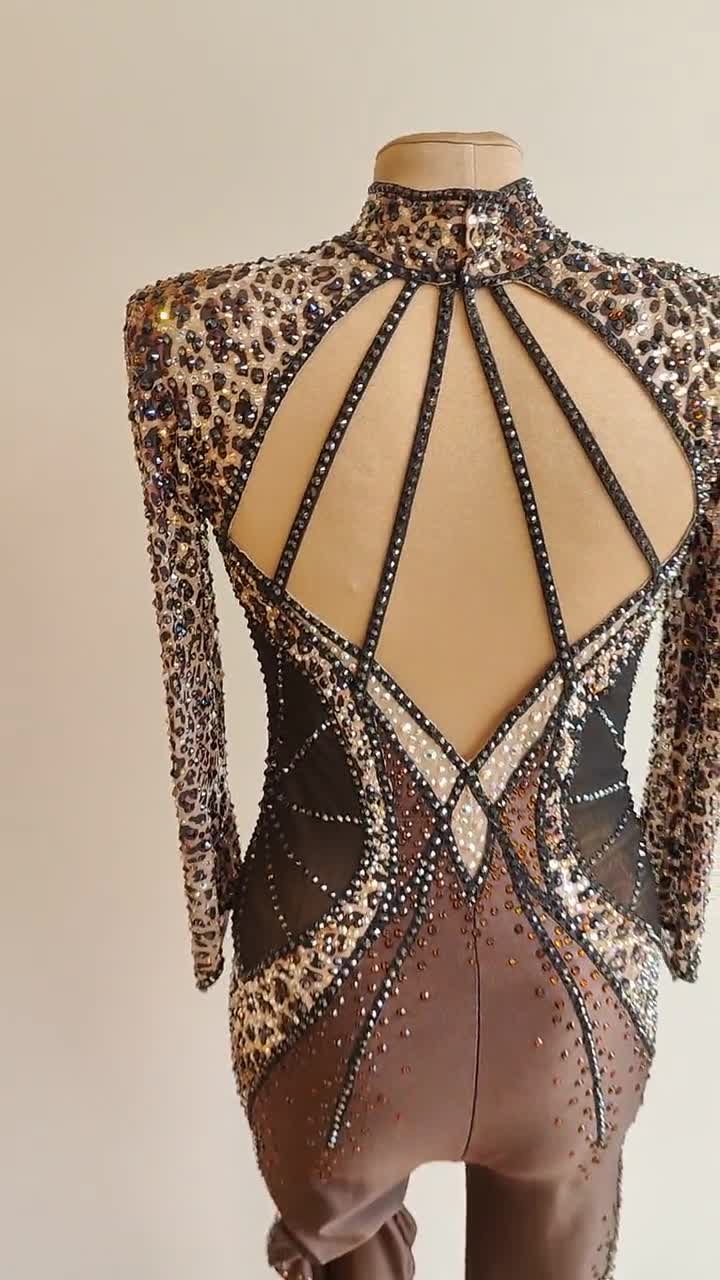 Leopard Skating Costume: Custom Crystal Show Dance Unitard video poster