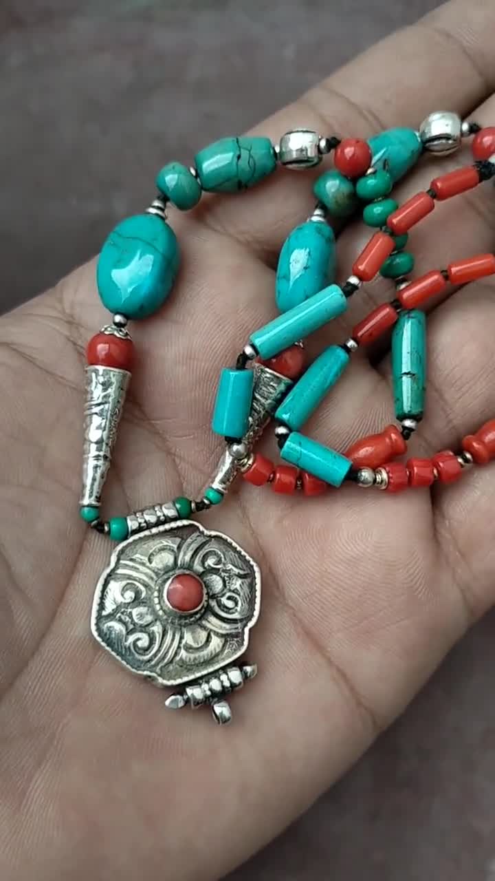 Old Tibetan Necklace, Natural Turquoise & Coral Necklace