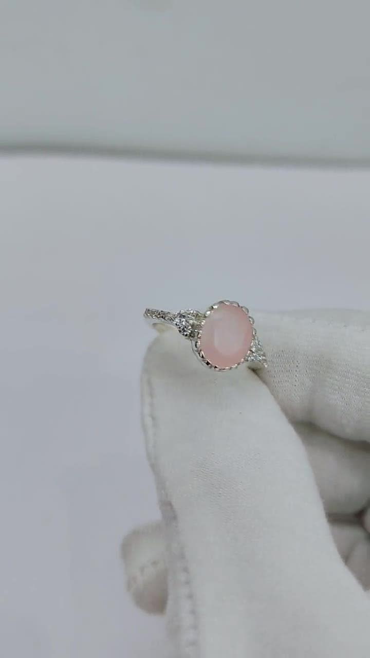 天然ピンクオパールリング、925スターリングシルバーリング、オーバル