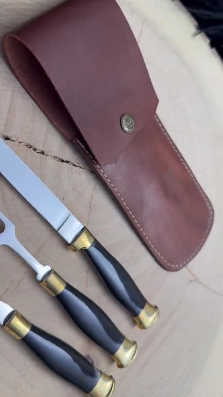 Vintage Stainless Steel Cutlery Set: Bull Horn Handle, Leather Sheath video poster