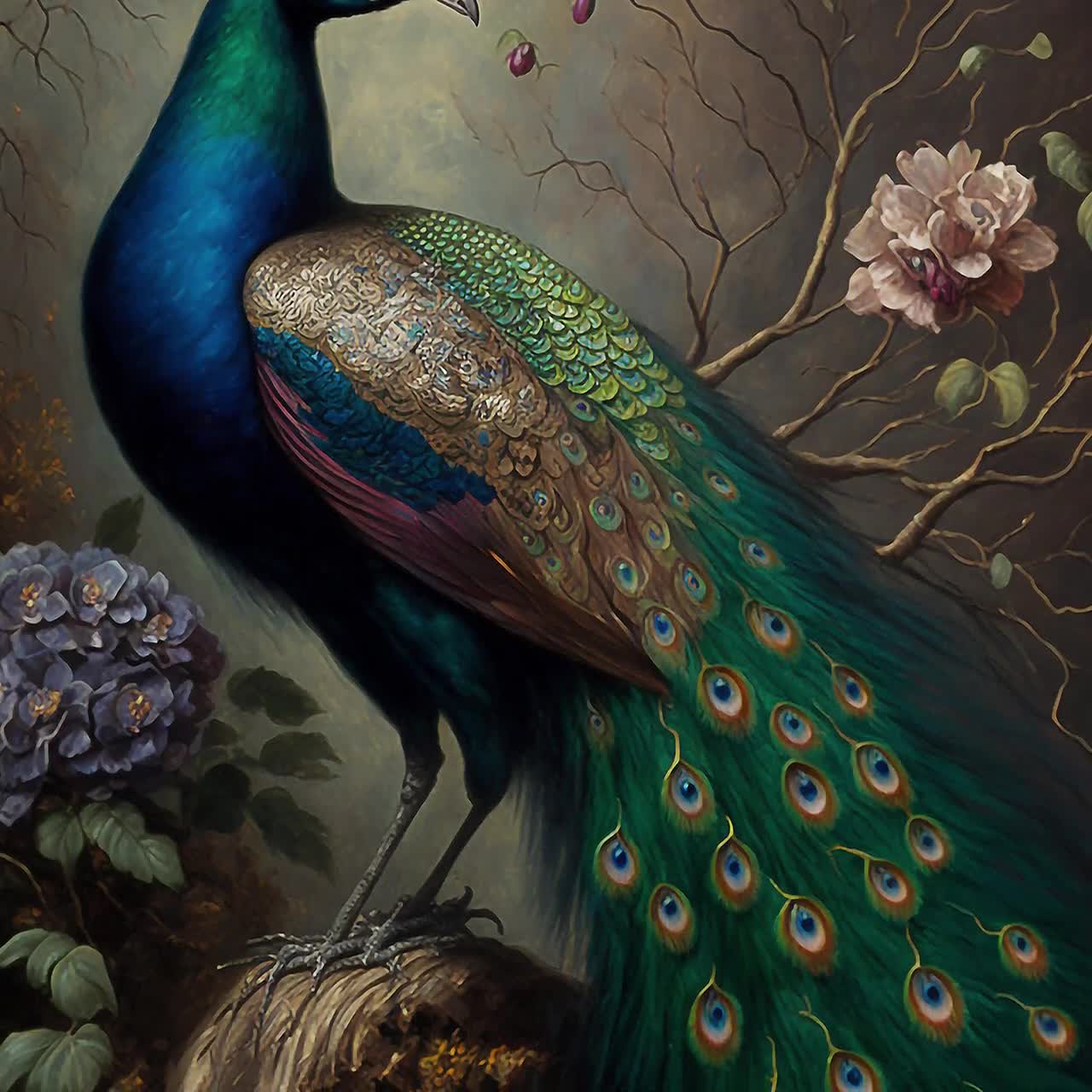 Victorian Peacock Antique Oil Painting | Vintage Wall Art | Light Academia  | Bird Painting | French Oil Painting | Downloadable Art